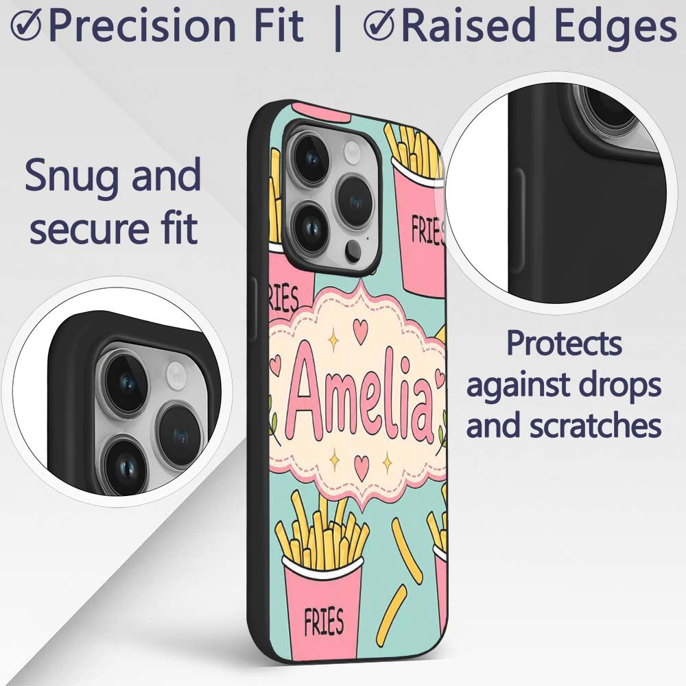 Cute French Fries Cartoon Snack Seamless Pattern Custom Name Protective Phone Case Mobile Cover Durable Everyday Smartphone Shock Resistant