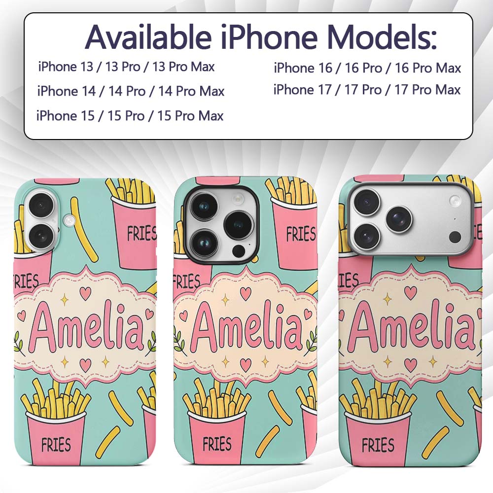 Cute French Fries Cartoon Snack Seamless Pattern Custom Name Protective Phone Case Mobile Cover Durable Everyday Smartphone Shock Resistant