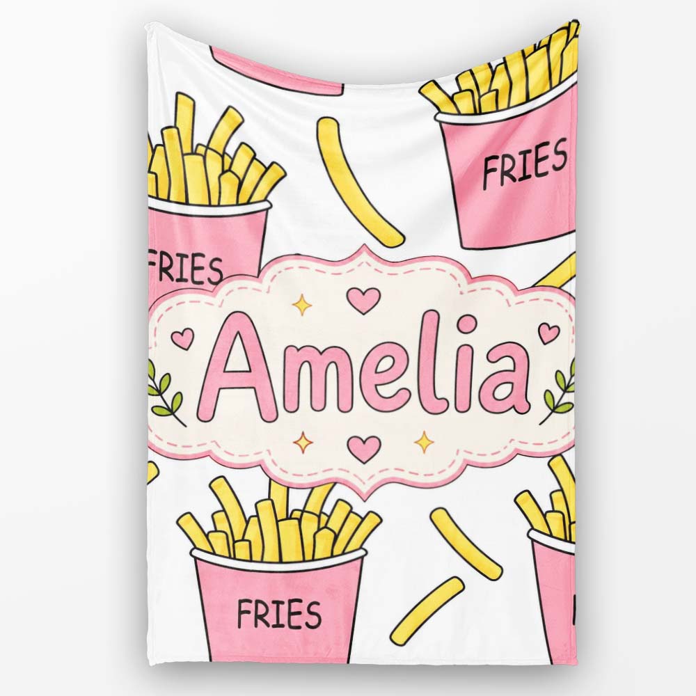 Cute French Fries Cartoon Snack Seamless Pattern Pink Cups Grey  Personalised Custom Name Super Soft Fleece Blanket Bed Sofa Throw