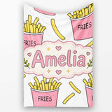 Cute French Fries Cartoon Snack Seamless Pattern Pink Cups Grey  Personalised Custom Name Super Soft Fleece Blanket Bed Sofa Throw