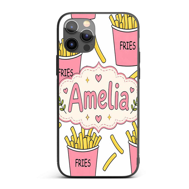 Cute French Fries Cartoon Snack Seamless Pattern Custom Name Protective Phone Case Mobile Cover Durable Everyday Smartphone Shock Resistant