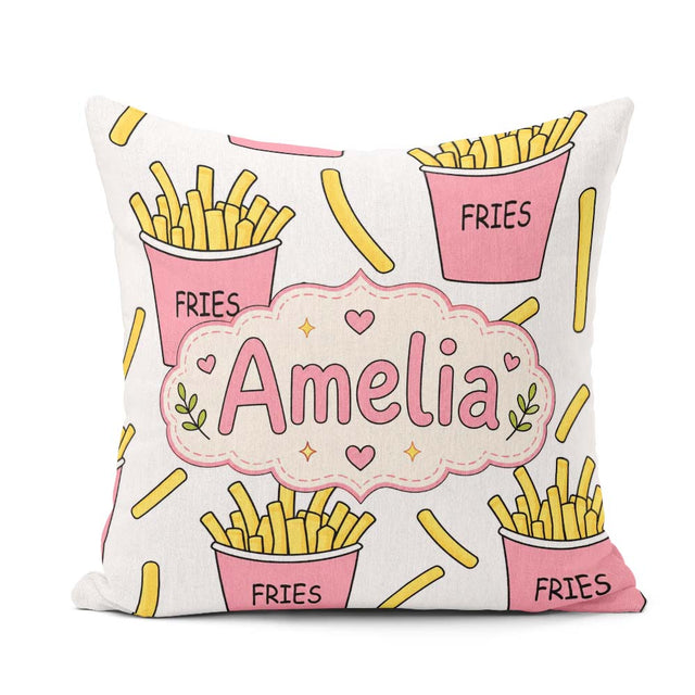 Custom Name French Fries Cartoon Seamless Pattern Pink Cups Grey Square Filled Cushion Throw Pillow Sofa Bed Home Decor Zip Washable UK Made