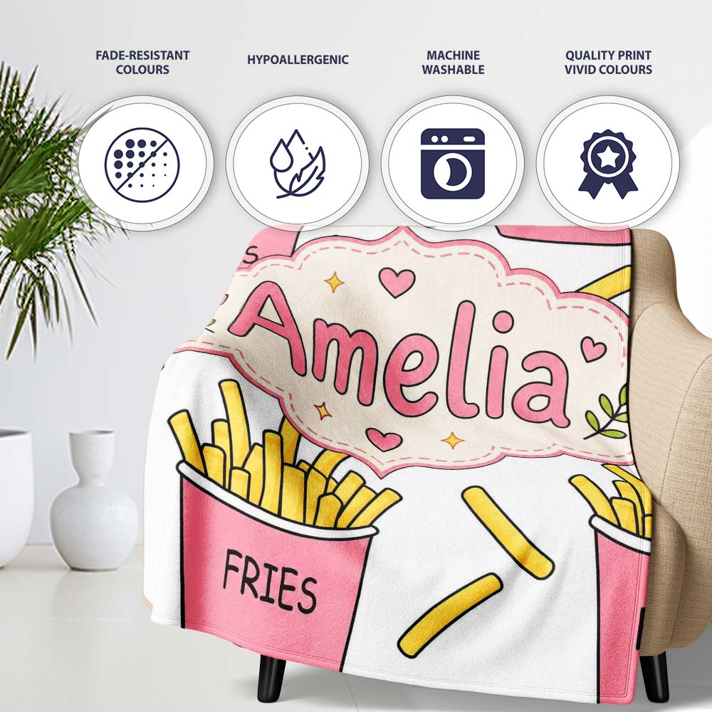 Cute French Fries Cartoon Snack Seamless Pattern Pink Cups Grey  Personalised Custom Name Super Soft Fleece Blanket Bed Sofa Throw