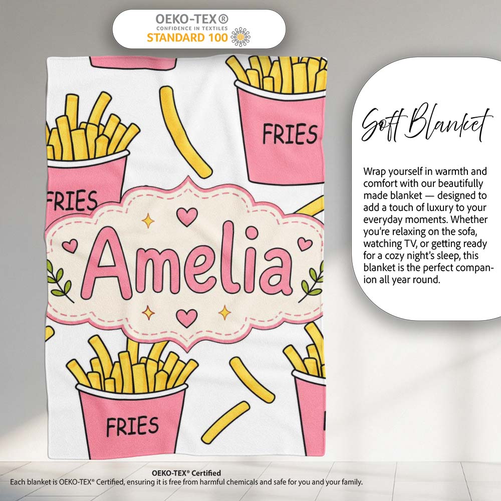 Cute French Fries Cartoon Snack Seamless Pattern Pink Cups Grey  Personalised Custom Name Super Soft Fleece Blanket Bed Sofa Throw