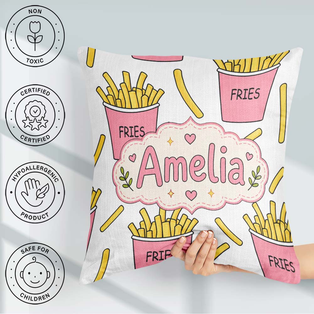 Custom Name French Fries Cartoon Seamless Pattern Pink Cups Grey Square Filled Cushion Throw Pillow Sofa Bed Home Decor Zip Washable UK Made