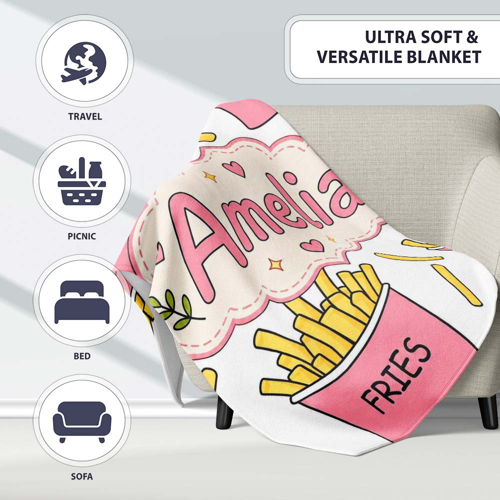 Cute French Fries Cartoon Snack Seamless Pattern Pink Cups Grey  Personalised Custom Name Super Soft Fleece Blanket Bed Sofa Throw