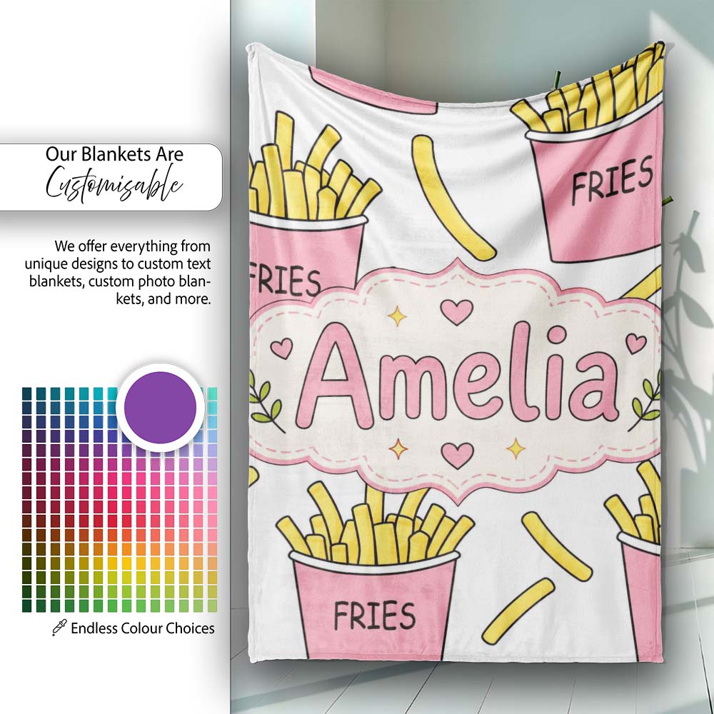 Cute French Fries Cartoon Snack Seamless Pattern Pink Cups Grey  Personalised Custom Name Super Soft Fleece Blanket Bed Sofa Throw