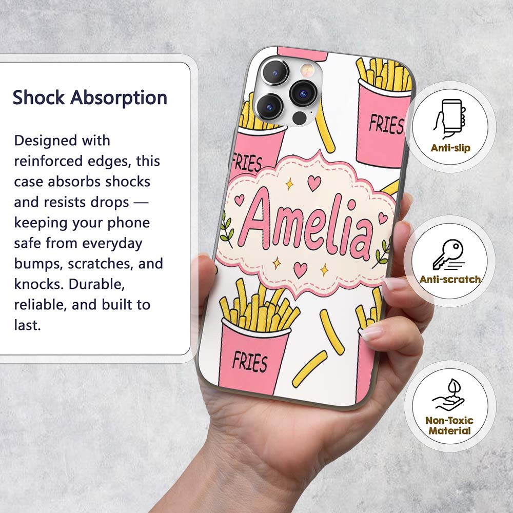 Cute French Fries Cartoon Snack Seamless Pattern Custom Name Protective Phone Case Mobile Cover Durable Everyday Smartphone Shock Resistant