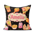 Custom Name Kawaii Fast Food Pizza Chicken Soda Black Background Square Filled Cushion Throw Pillow Sofa Bed Home Decor Zip Washable UK Made