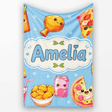 Cute Kawaii Fast Food Pizza Chicken Soda Blue Background Seamless  Personalised Custom Name Super Soft Fleece Blanket Bed Sofa Throw