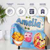 Cute Kawaii Fast Food Pizza Chicken Soda Blue Background Seamless  Personalised Custom Name Super Soft Fleece Blanket Bed Sofa Throw