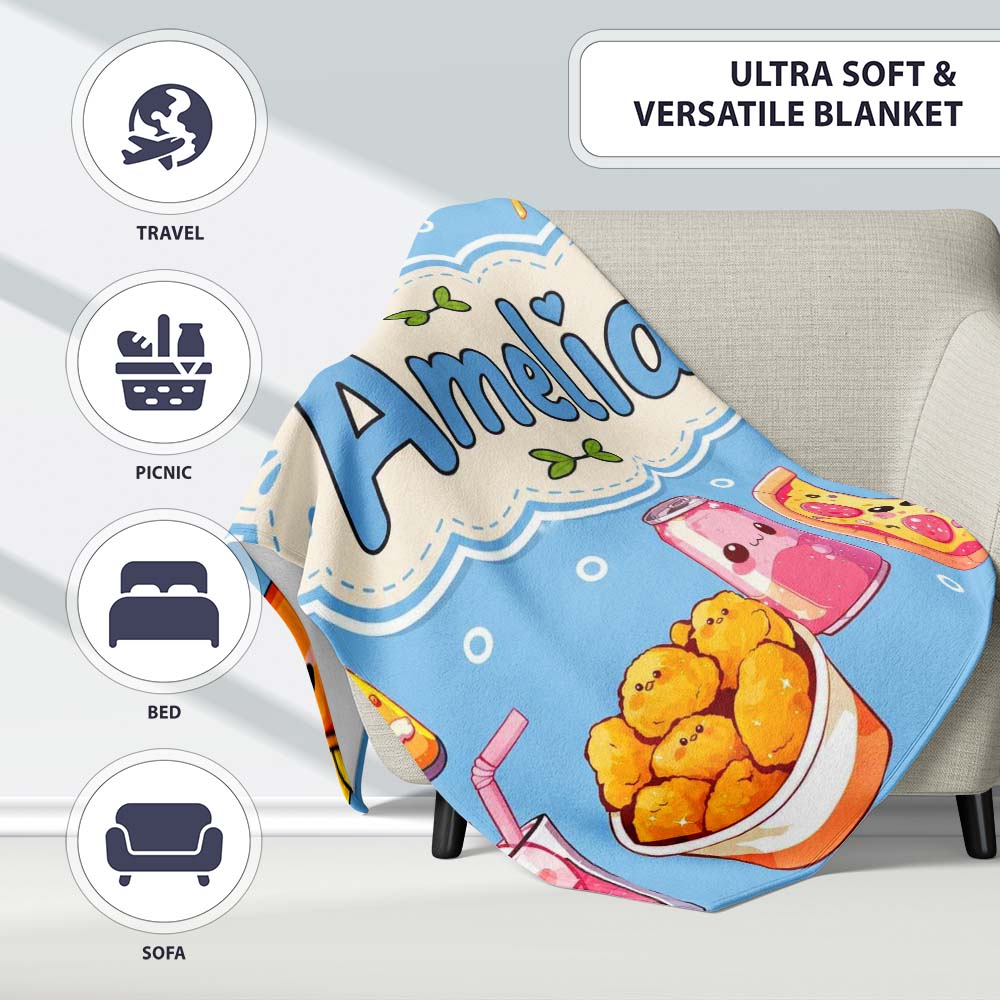 Cute Kawaii Fast Food Pizza Chicken Soda Blue Background Seamless  Personalised Custom Name Super Soft Fleece Blanket Bed Sofa Throw