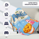 Cute Kawaii Fast Food Pizza Chicken Soda Blue Background Seamless  Personalised Custom Name Super Soft Fleece Blanket Bed Sofa Throw