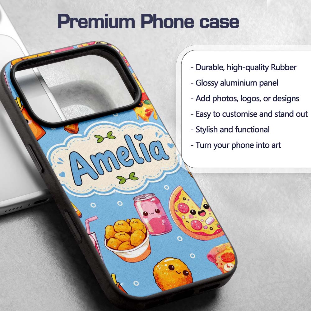 Cute Kawaii Fast Food Pizza Chicken Soda Blue Custom Name Protective Phone Case Mobile Cover Durable Everyday Smartphone Shock Resistant