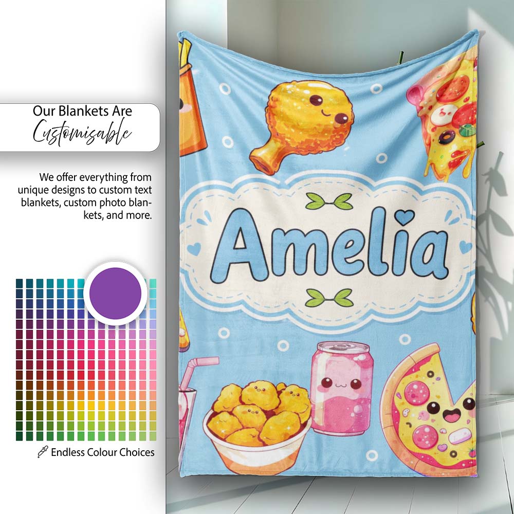 Cute Kawaii Fast Food Pizza Chicken Soda Blue Background Seamless  Personalised Custom Name Super Soft Fleece Blanket Bed Sofa Throw