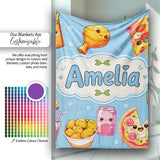 Cute Kawaii Fast Food Pizza Chicken Soda Blue Background Seamless  Personalised Custom Name Super Soft Fleece Blanket Bed Sofa Throw