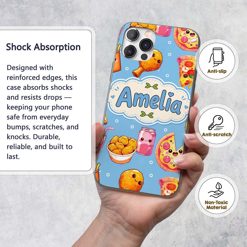 Cute Kawaii Fast Food Pizza Chicken Soda Blue Custom Name Protective Phone Case Mobile Cover Durable Everyday Smartphone Shock Resistant