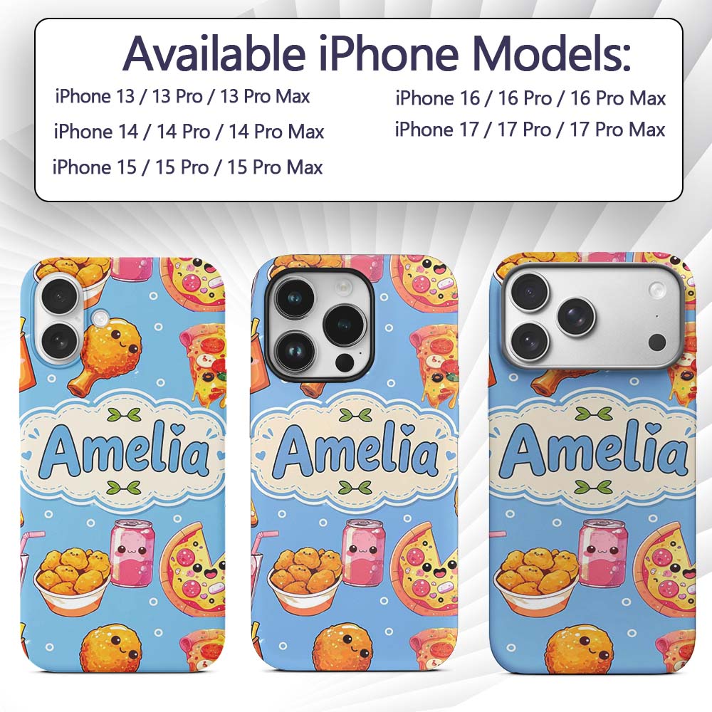 Cute Kawaii Fast Food Pizza Chicken Soda Blue Custom Name Protective Phone Case Mobile Cover Durable Everyday Smartphone Shock Resistant