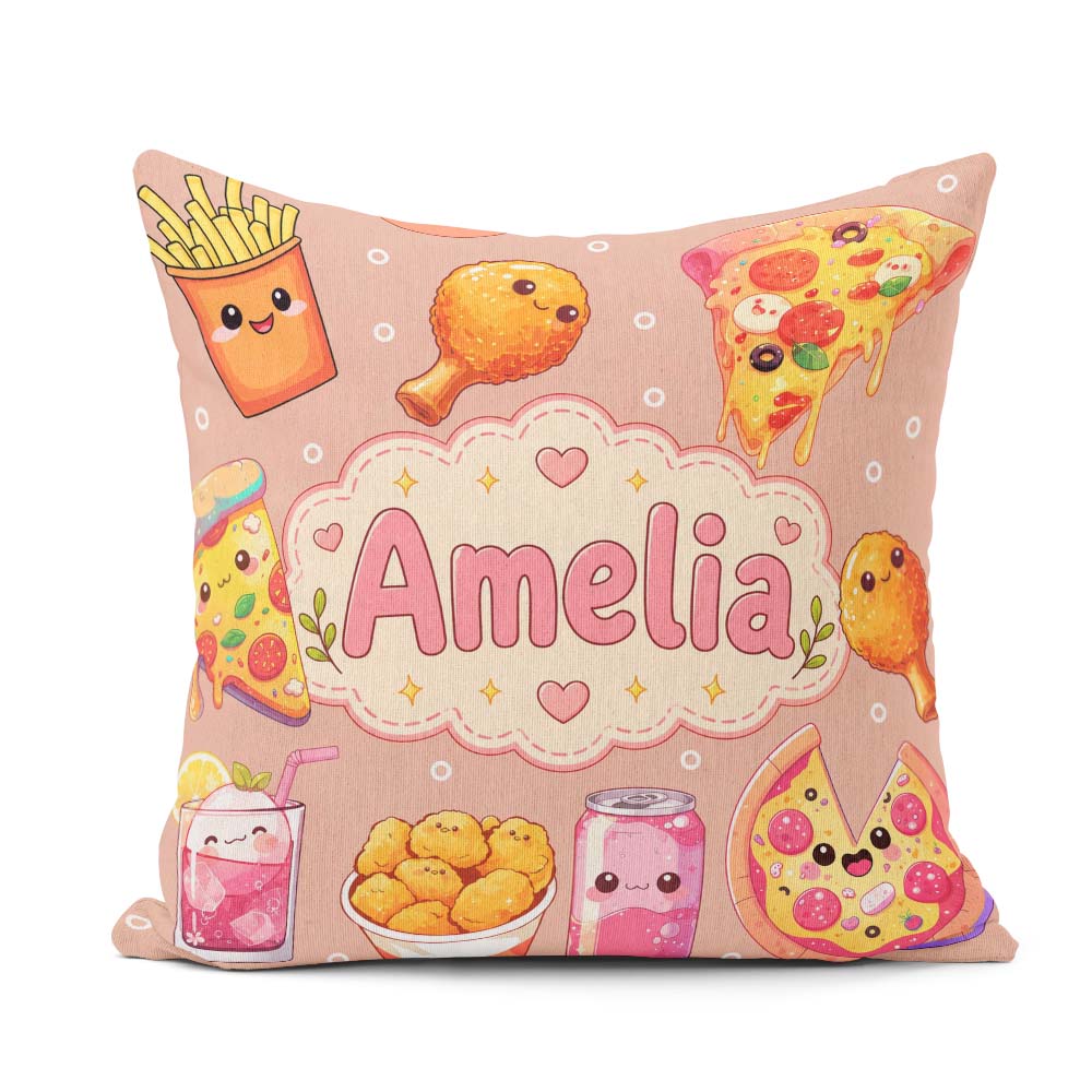 Custom Name Kawaii Fast Food Pizza Chicken Soda Peach Background Square Filled Cushion Throw Pillow Sofa Bed Home Decor Zip Washable UK Made
