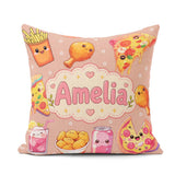Custom Name Kawaii Fast Food Pizza Chicken Soda Peach Background Square Filled Cushion Throw Pillow Sofa Bed Home Decor Zip Washable UK Made