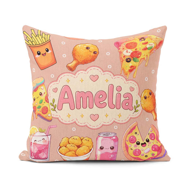 Custom Name Kawaii Fast Food Pizza Chicken Soda Peach Background Square Filled Cushion Throw Pillow Sofa Bed Home Decor Zip Washable UK Made