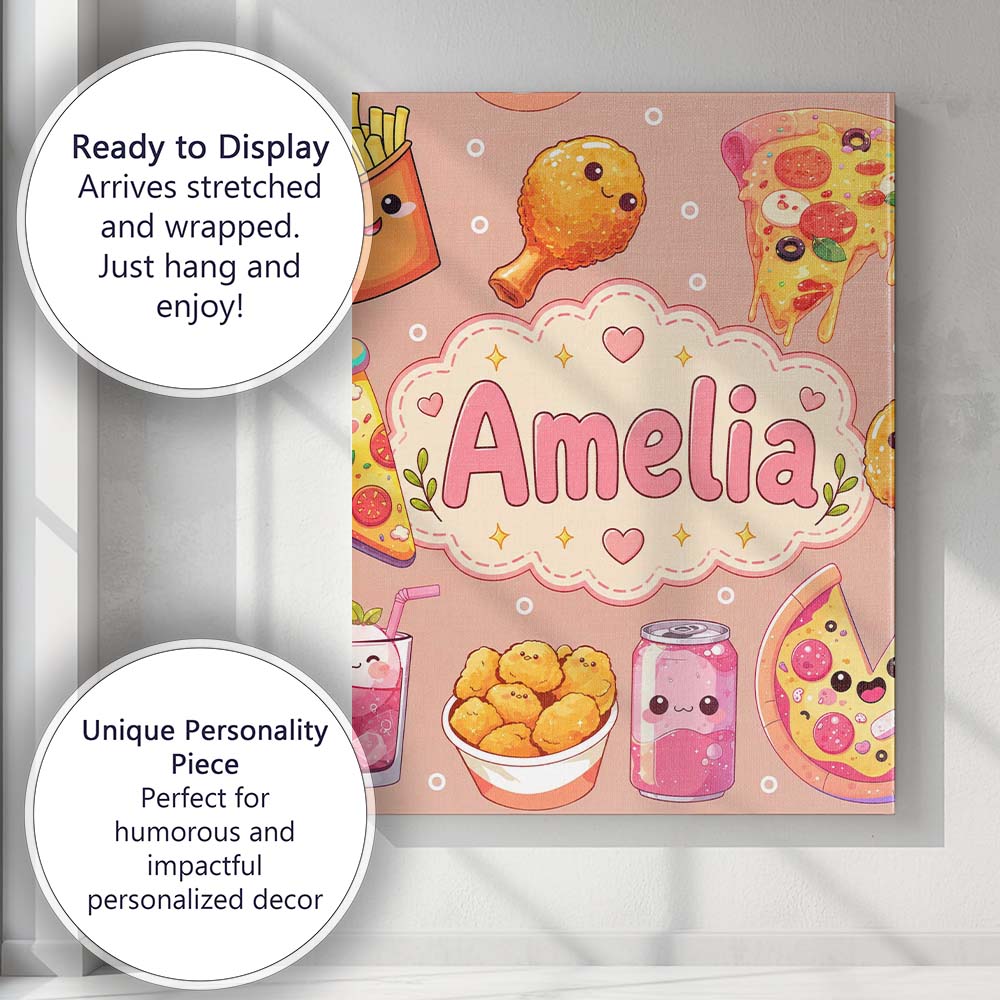 Personalised Name Cute Kawaii Fast Food Custom  Modern Room Accent Elegant Feature Canvas Wall Art Print Decor Picture Ready to Hang