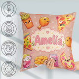 Custom Name Kawaii Fast Food Pizza Chicken Soda Peach Background Square Filled Cushion Throw Pillow Sofa Bed Home Decor Zip Washable UK Made