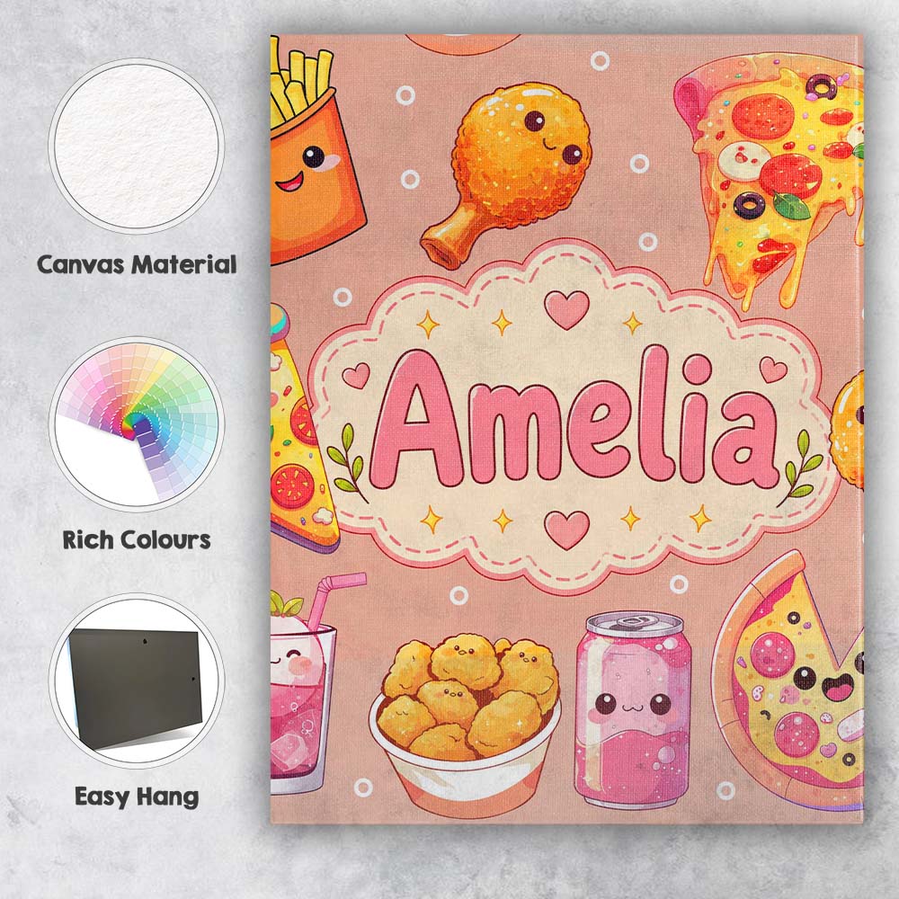 Personalised Name Cute Kawaii Fast Food Custom  Modern Room Accent Elegant Feature Canvas Wall Art Print Decor Picture Ready to Hang