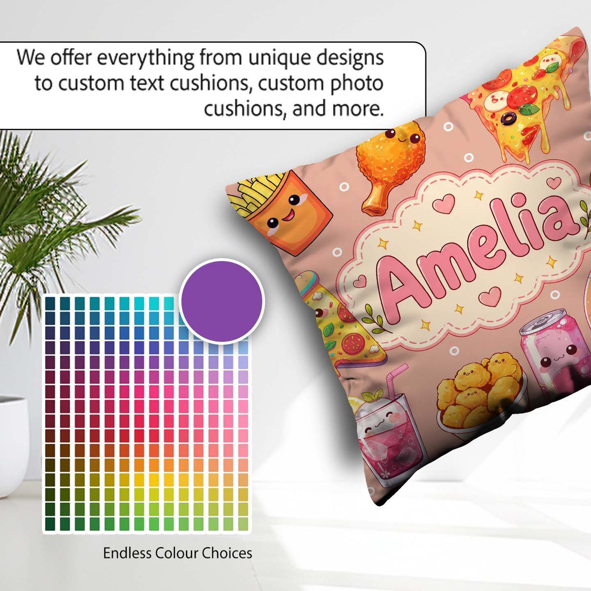 Custom Name Kawaii Fast Food Pizza Chicken Soda Peach Background Square Filled Cushion Throw Pillow Sofa Bed Home Decor Zip Washable UK Made
