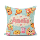Custom Name Kawaii Fast Food Pizza Soda Mint Background Seamless Square Filled Cushion Throw Pillow Sofa Bed Home Decor Zip Washable UK Made