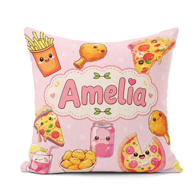 Custom Name Cute Kawaii Fast Food Pizza Chicken Soda Blush Pink Square Filled Cushion Throw Pillow Sofa Bed Home Decor Zip Washable UK Made