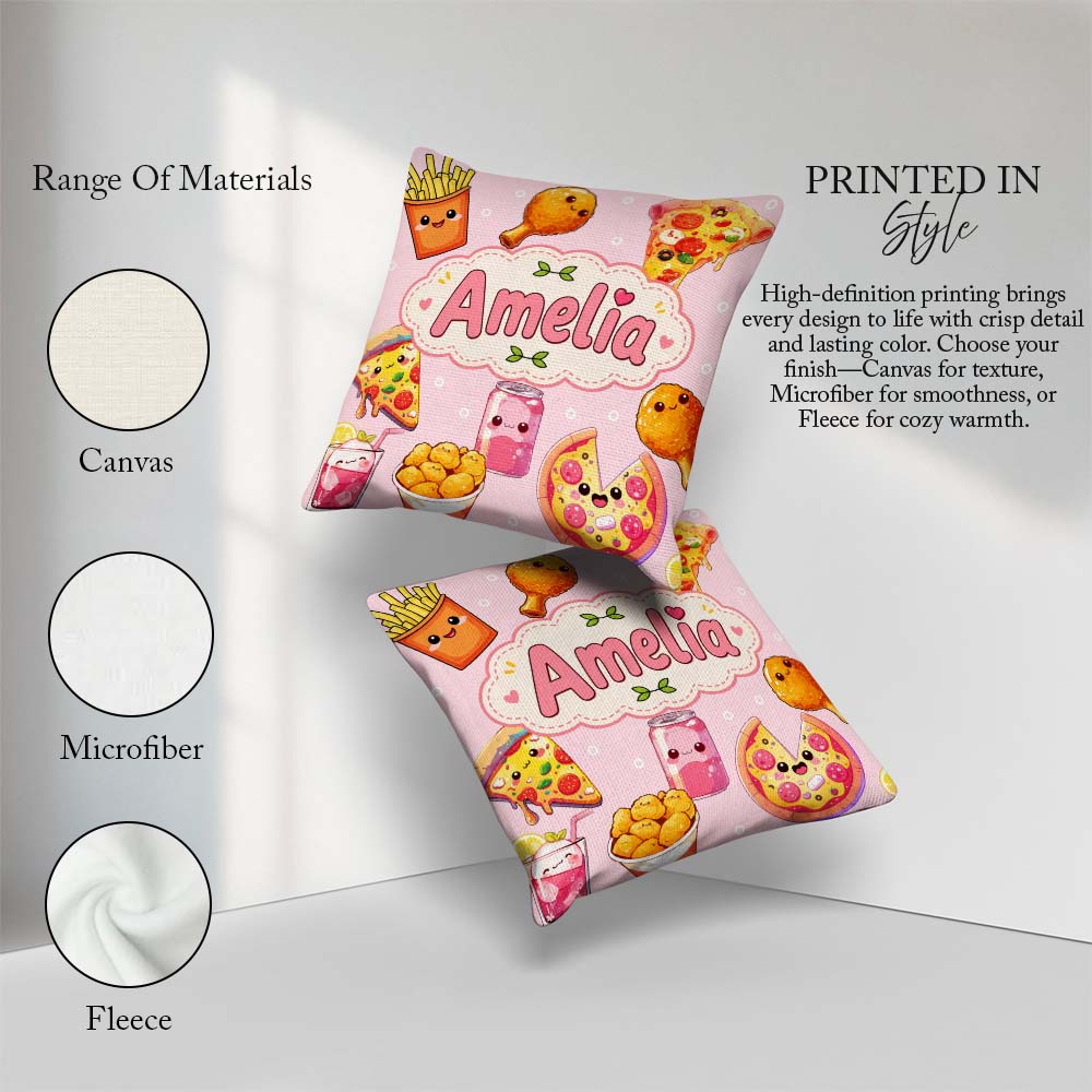 Custom Name Cute Kawaii Fast Food Pizza Chicken Soda Blush Pink Square Filled Cushion Throw Pillow Sofa Bed Home Decor Zip Washable UK Made