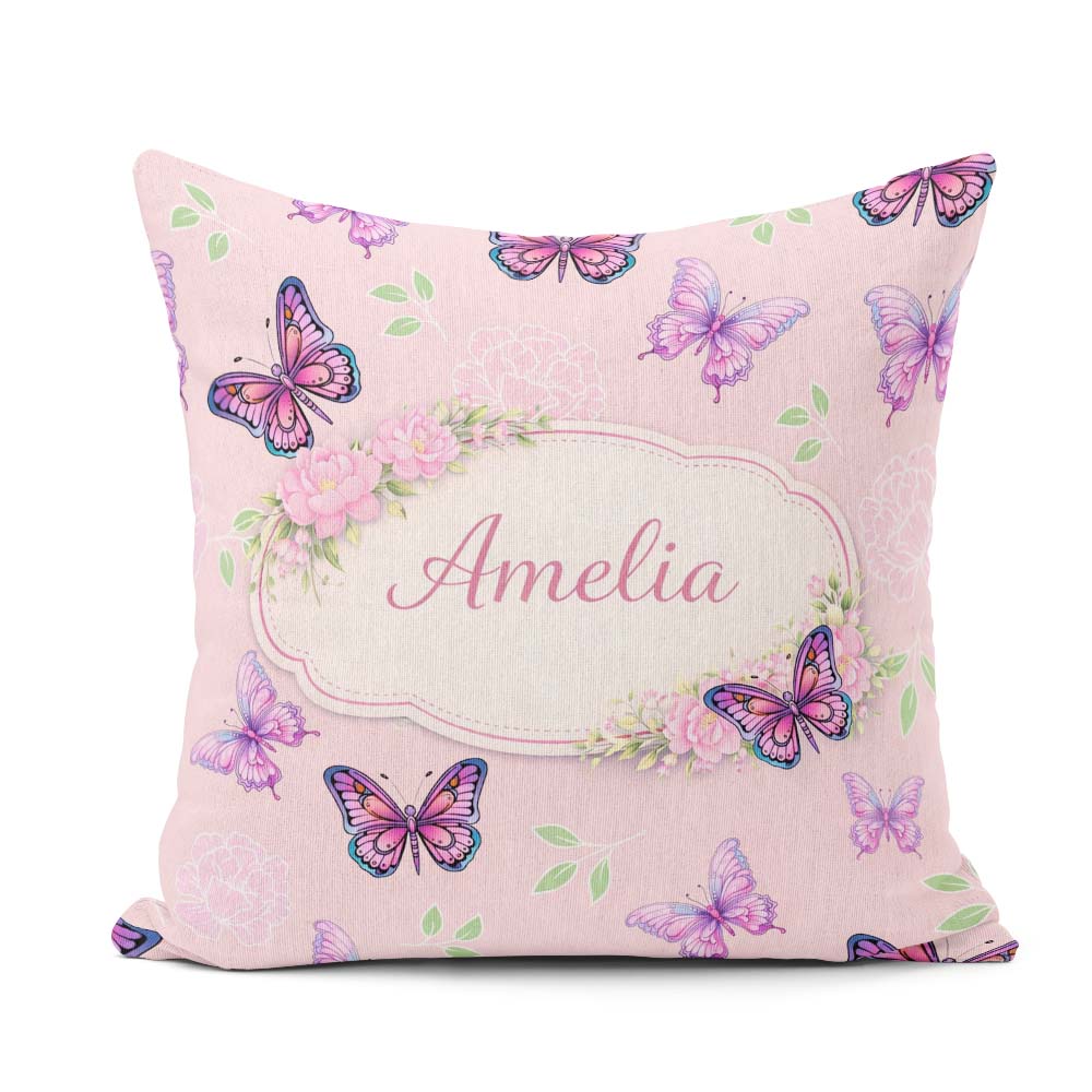 Custom Name Pink Purple Butterfly Floral Soft Background Pattern Square Filled Cushion Throw Pillow Sofa Bed Home Decor Zip Washable UK Made
