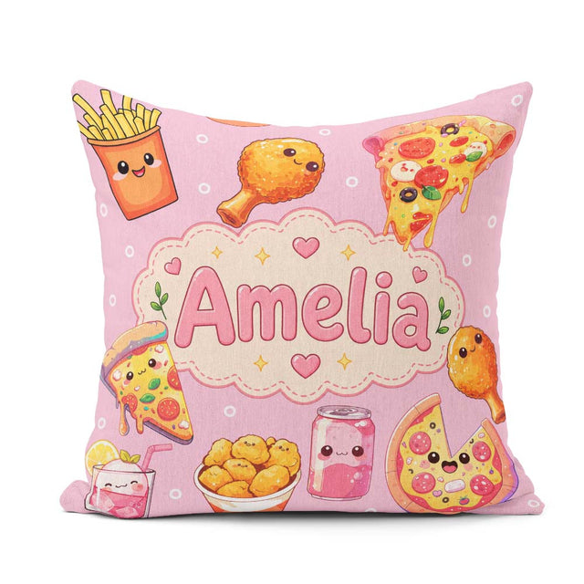 Custom Name Kawaii Fast Food Pizza Chicken Soda Seamless Pattern Square Filled Cushion Throw Pillow Sofa Bed Home Decor Zip Washable UK Made