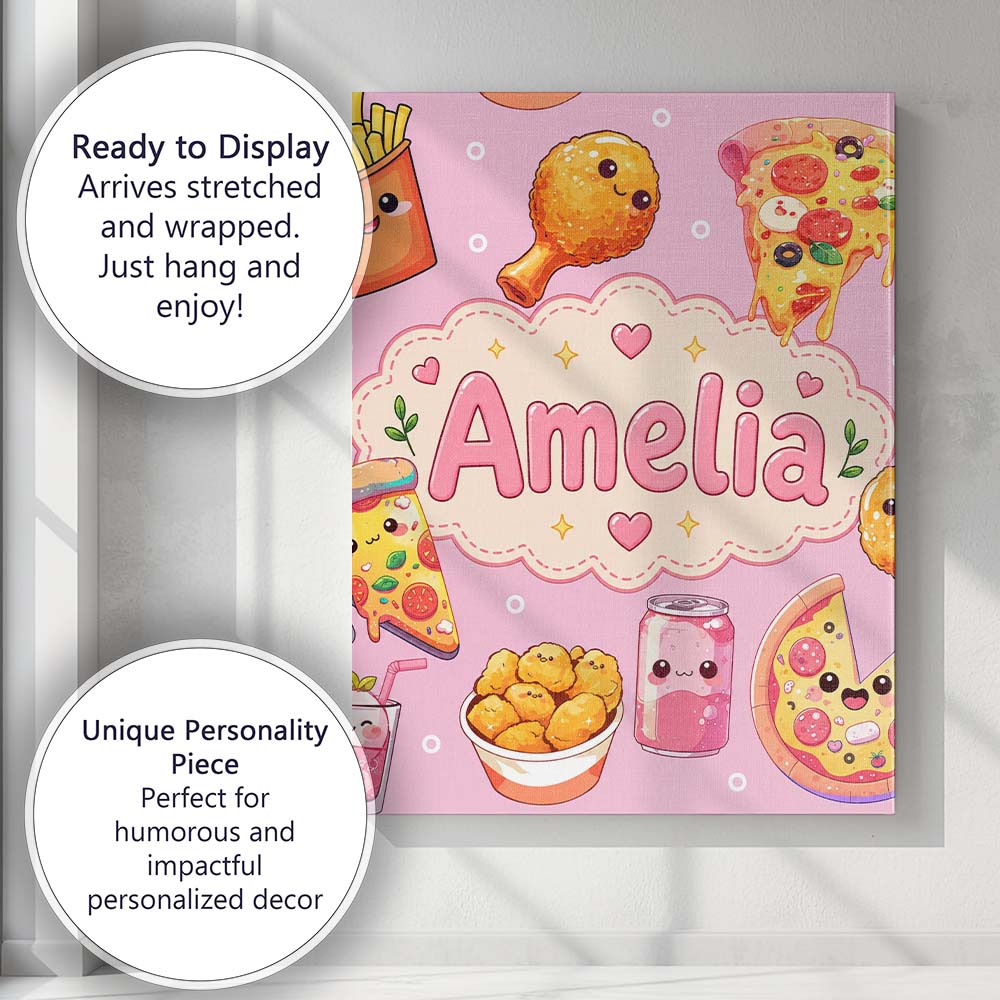 Personalised Name Kawaii Fast Food Pizza Custom  Unique Gift Idea Elegant Feature Canvas Wall Art Print Decor Picture Ready to Hang