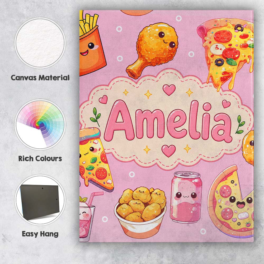 Personalised Name Kawaii Fast Food Pizza Custom  Unique Gift Idea Elegant Feature Canvas Wall Art Print Decor Picture Ready to Hang
