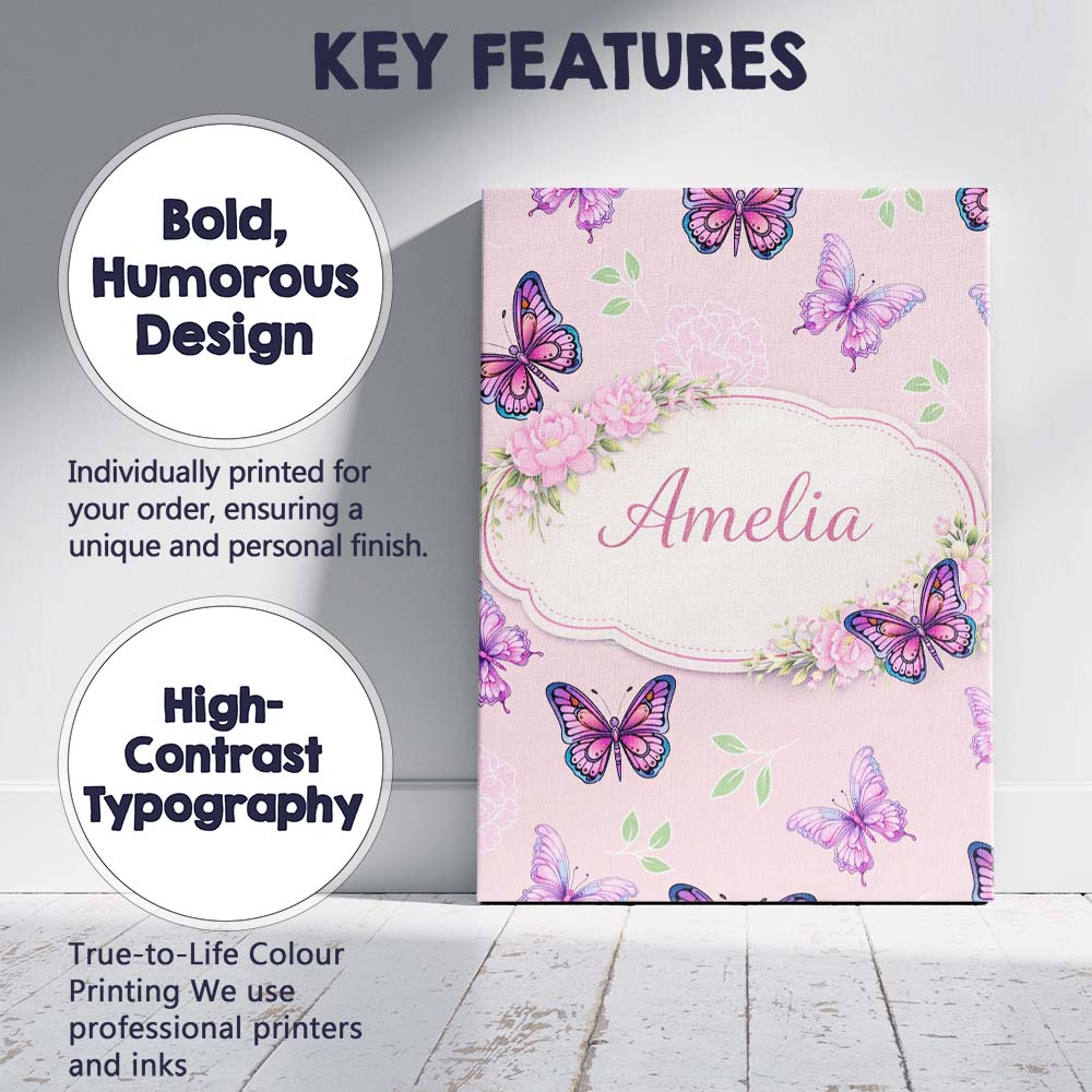 Personalised Name Pink Purple Butterfly Floral Soft Background Custom  Decorative Canvas Wall Art Print Decor Picture Ready to Hang