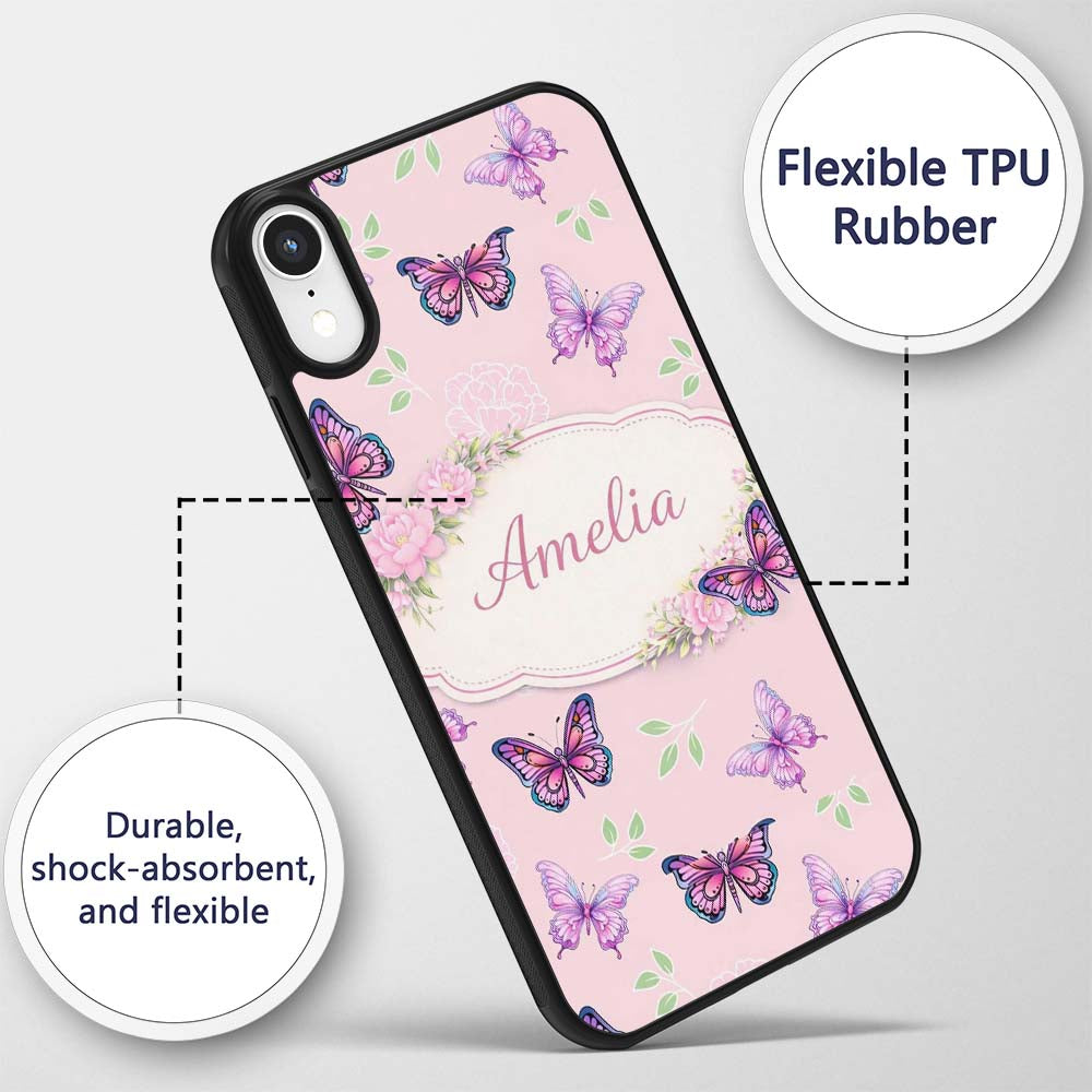 Pink Purple Butterfly Floral Soft Pink Background Custom Name Protective Phone Case Mobile Cover Durable Everyday Smartphone Shock Resistant