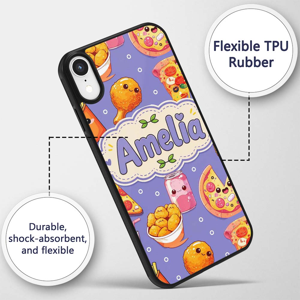 Cute Kawaii Fast Food Pizza Chicken Soda Purple Custom Name Protective Phone Case Mobile Cover Durable Everyday Smartphone Shock Resistant