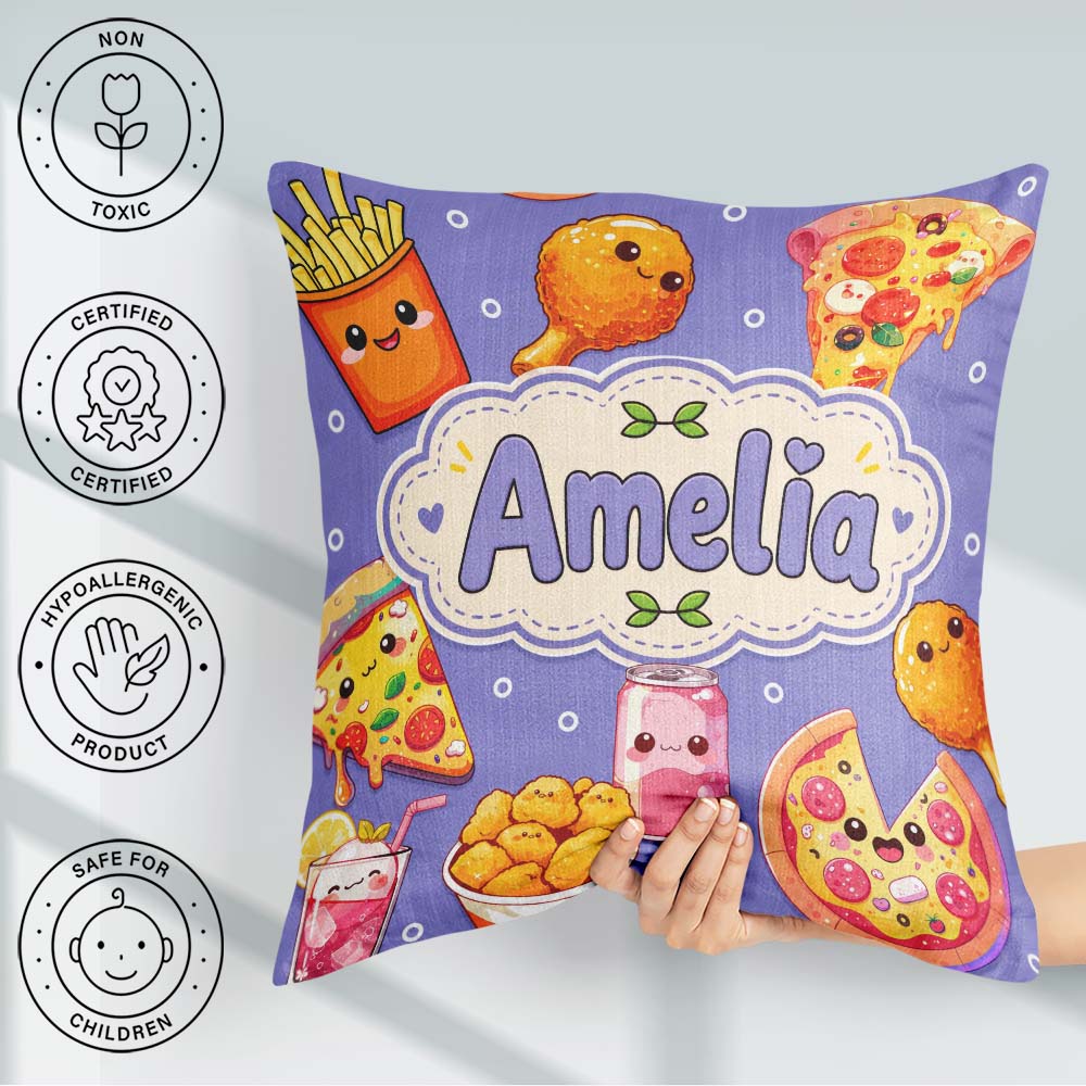 Custom Name Kawaii Fast Food Pizza Chicken Soda Purple Seamless Square Filled Cushion Throw Pillow Sofa Bed Home Decor Zip Washable UK Made