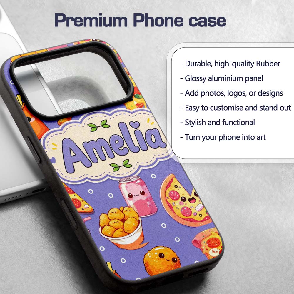 Cute Kawaii Fast Food Pizza Chicken Soda Purple Custom Name Protective Phone Case Mobile Cover Durable Everyday Smartphone Shock Resistant