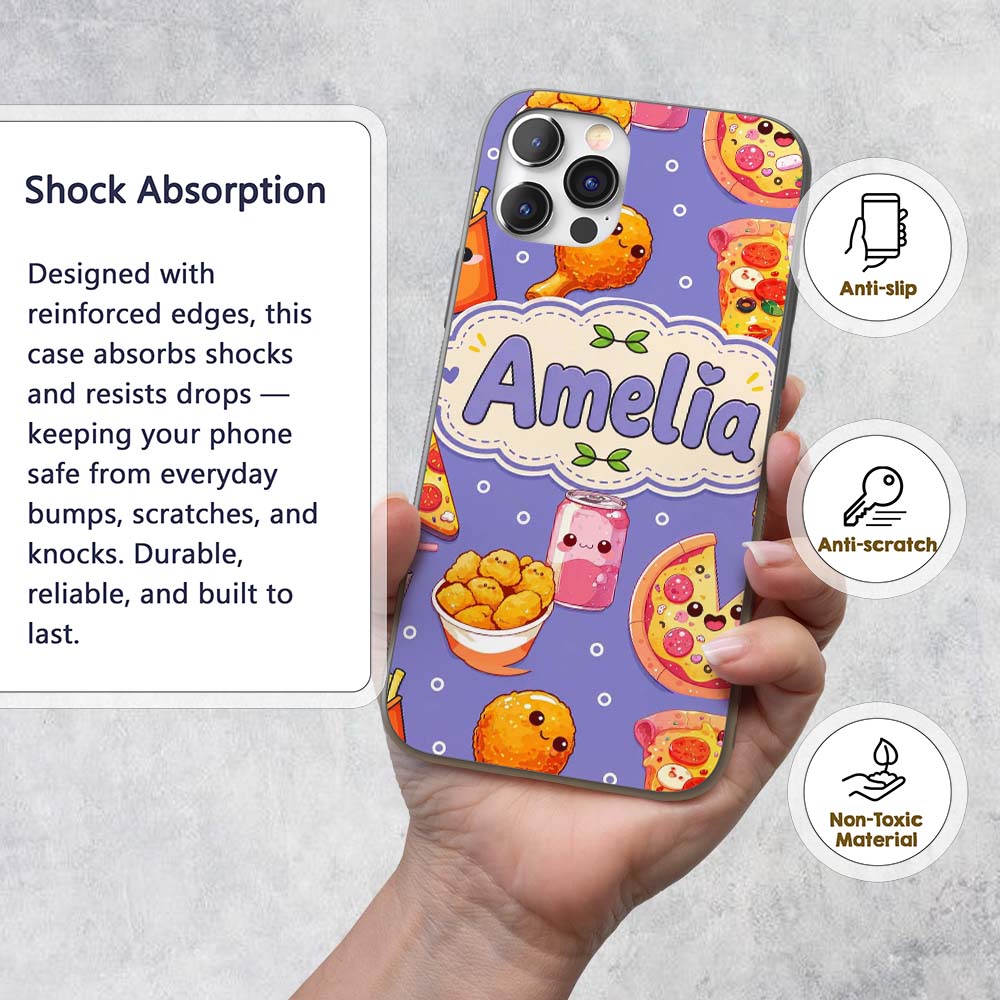 Cute Kawaii Fast Food Pizza Chicken Soda Purple Custom Name Protective Phone Case Mobile Cover Durable Everyday Smartphone Shock Resistant