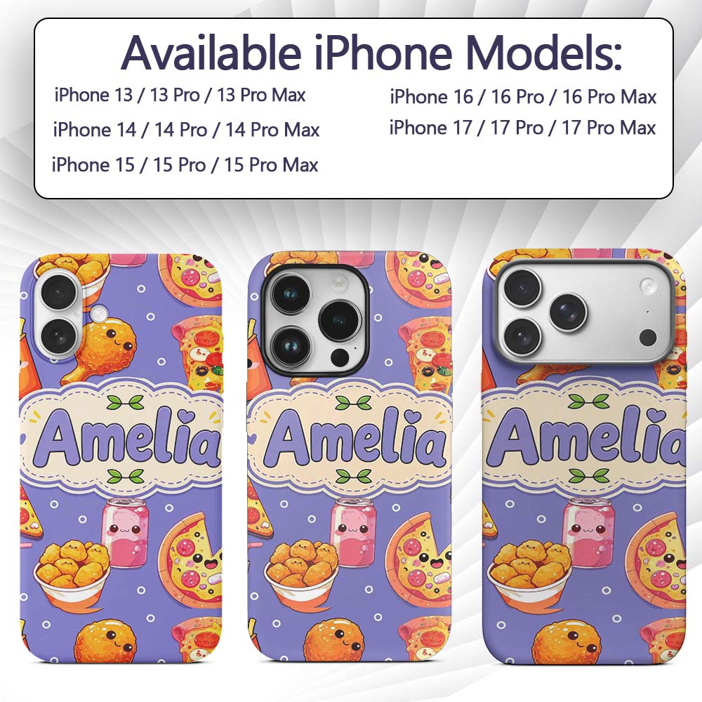 Cute Kawaii Fast Food Pizza Chicken Soda Purple Custom Name Protective Phone Case Mobile Cover Durable Everyday Smartphone Shock Resistant