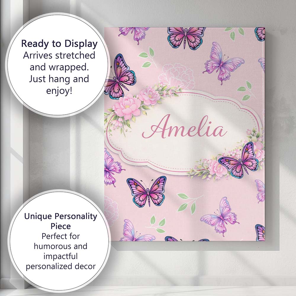 Personalised Name Pink Purple Butterfly Floral Soft Background Custom  Decorative Canvas Wall Art Print Decor Picture Ready to Hang