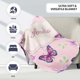 Pink Purple Butterfly Floral Soft Pink Background Seamless Pattern  Personalised Custom Name Super Soft Fleece Blanket Bed Sofa Throw