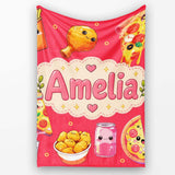 Cute Kawaii Fast Food Pizza Chicken Soda Red Background Seamless  Personalised Custom Name Super Soft Fleece Blanket Bed Sofa Throw