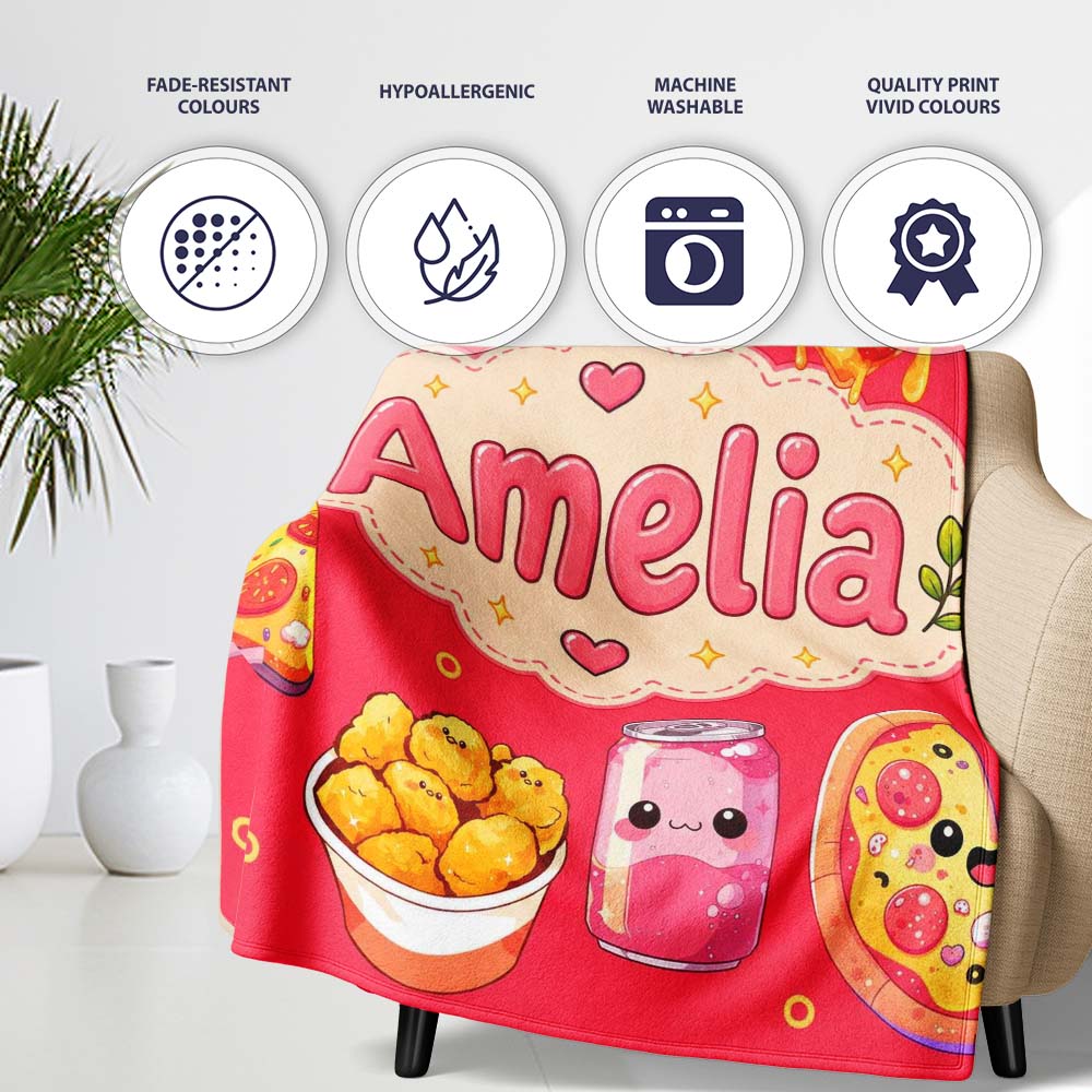 Cute Kawaii Fast Food Pizza Chicken Soda Red Background Seamless  Personalised Custom Name Super Soft Fleece Blanket Bed Sofa Throw