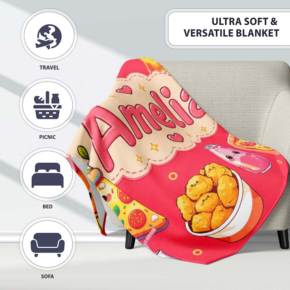 Cute Kawaii Fast Food Pizza Chicken Soda Red Background Seamless  Personalised Custom Name Super Soft Fleece Blanket Bed Sofa Throw