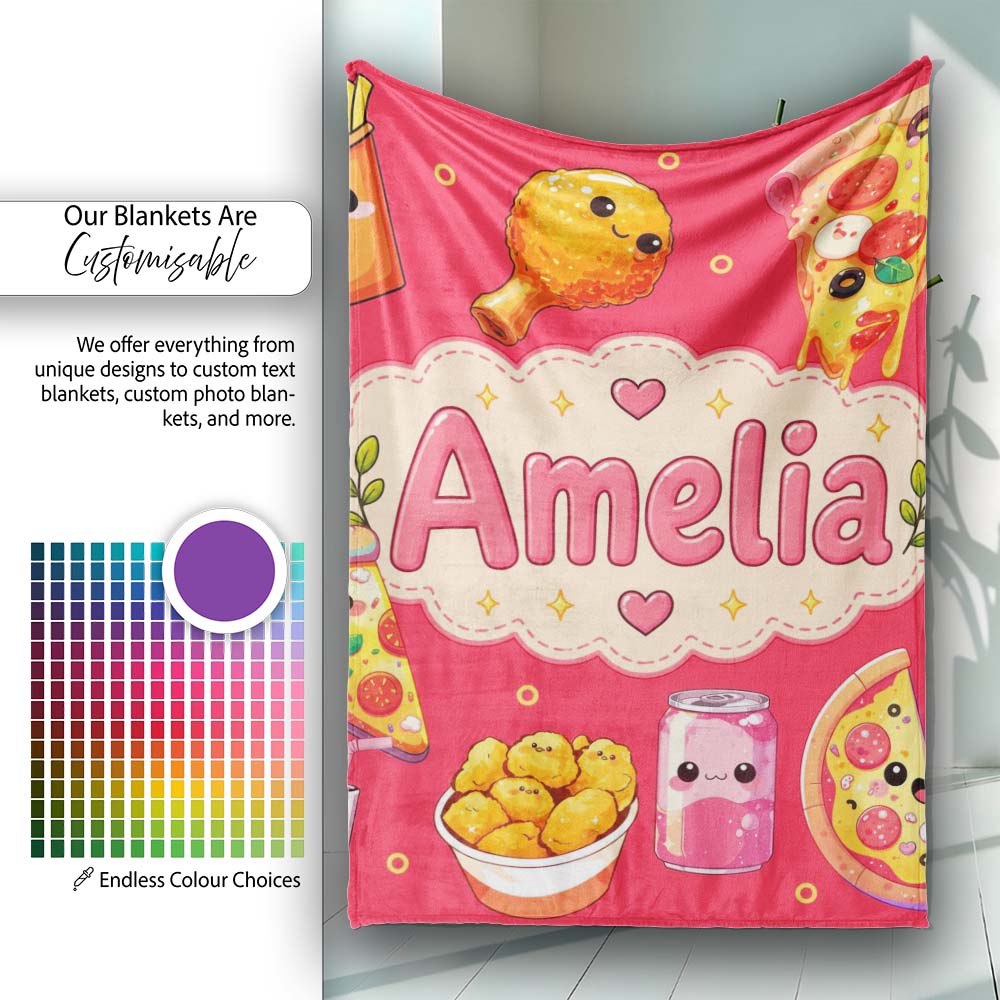 Cute Kawaii Fast Food Pizza Chicken Soda Red Background Seamless  Personalised Custom Name Super Soft Fleece Blanket Bed Sofa Throw
