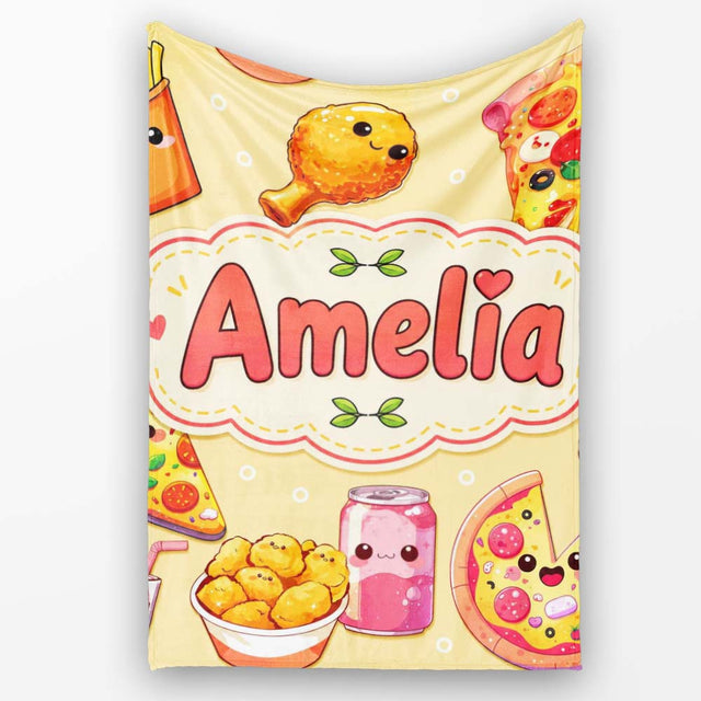 Cute Kawaii Fast Food Pizza Chicken Soda Yellow Background Seamless  Personalised Custom Name Super Soft Fleece Blanket Bed Sofa Throw